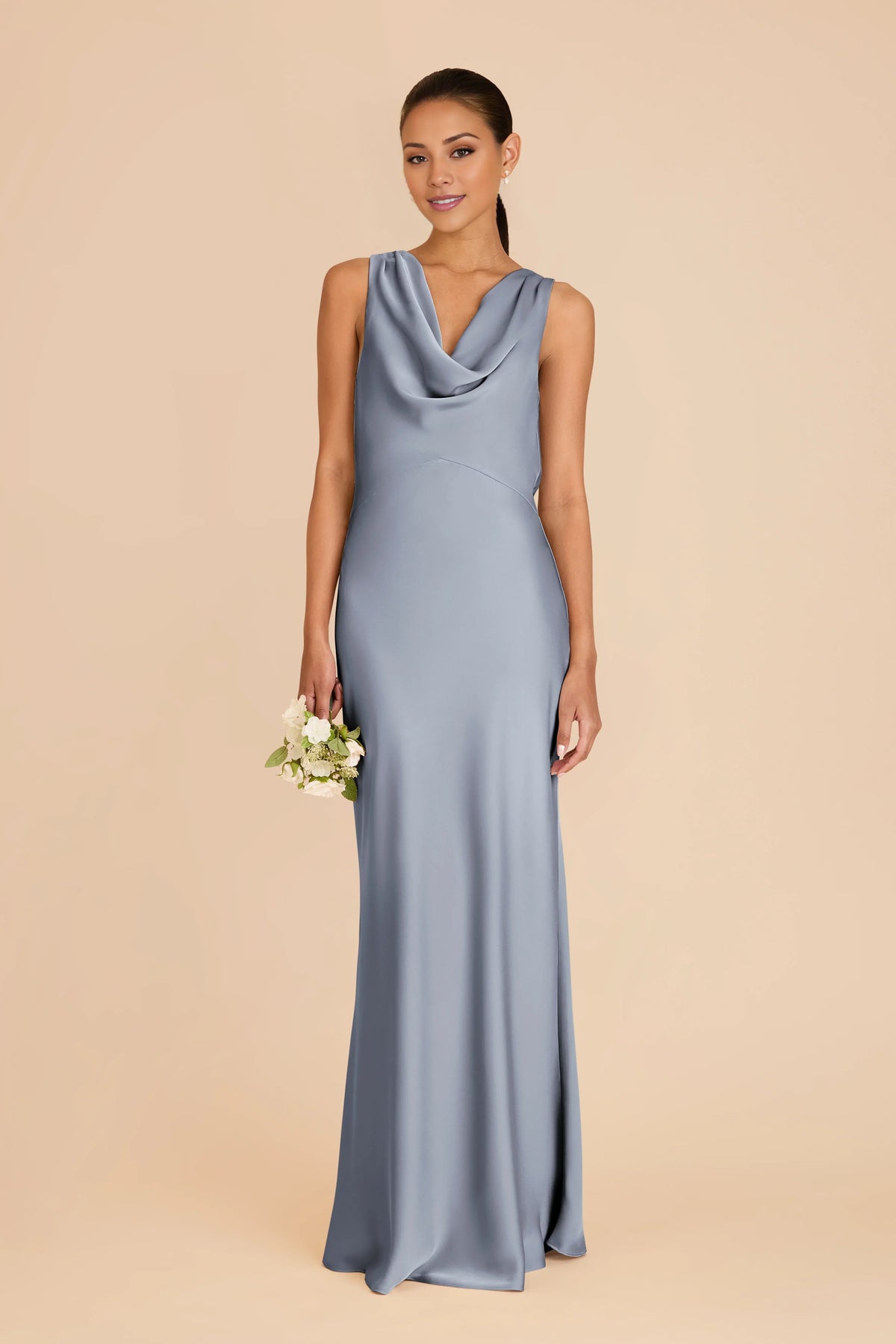 Blue Cowl Neck Satin Open Back Floor-Length Wedding Dress - Chloe Dress