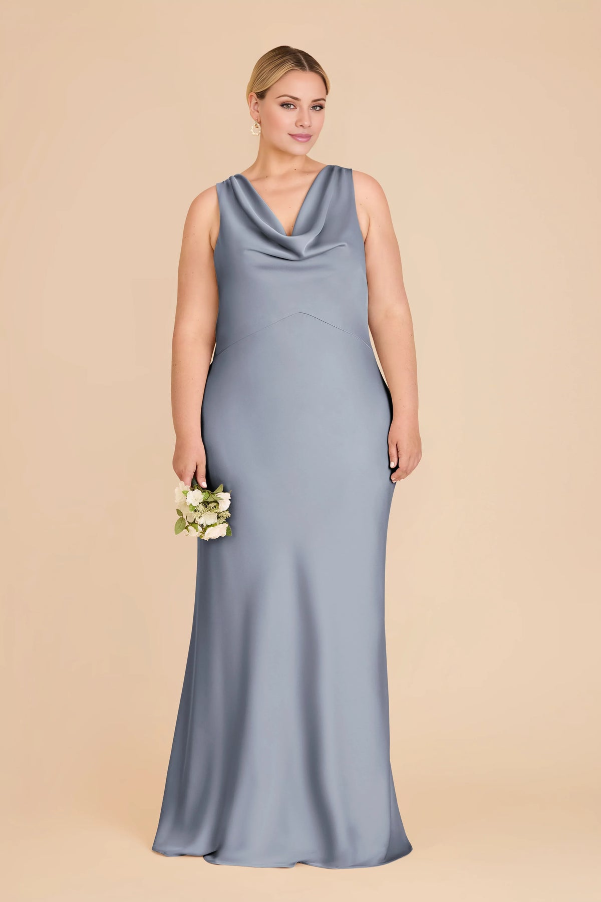 Blue Cowl Neck Satin Open Back Floor-Length Wedding Dress - Chloe Dress