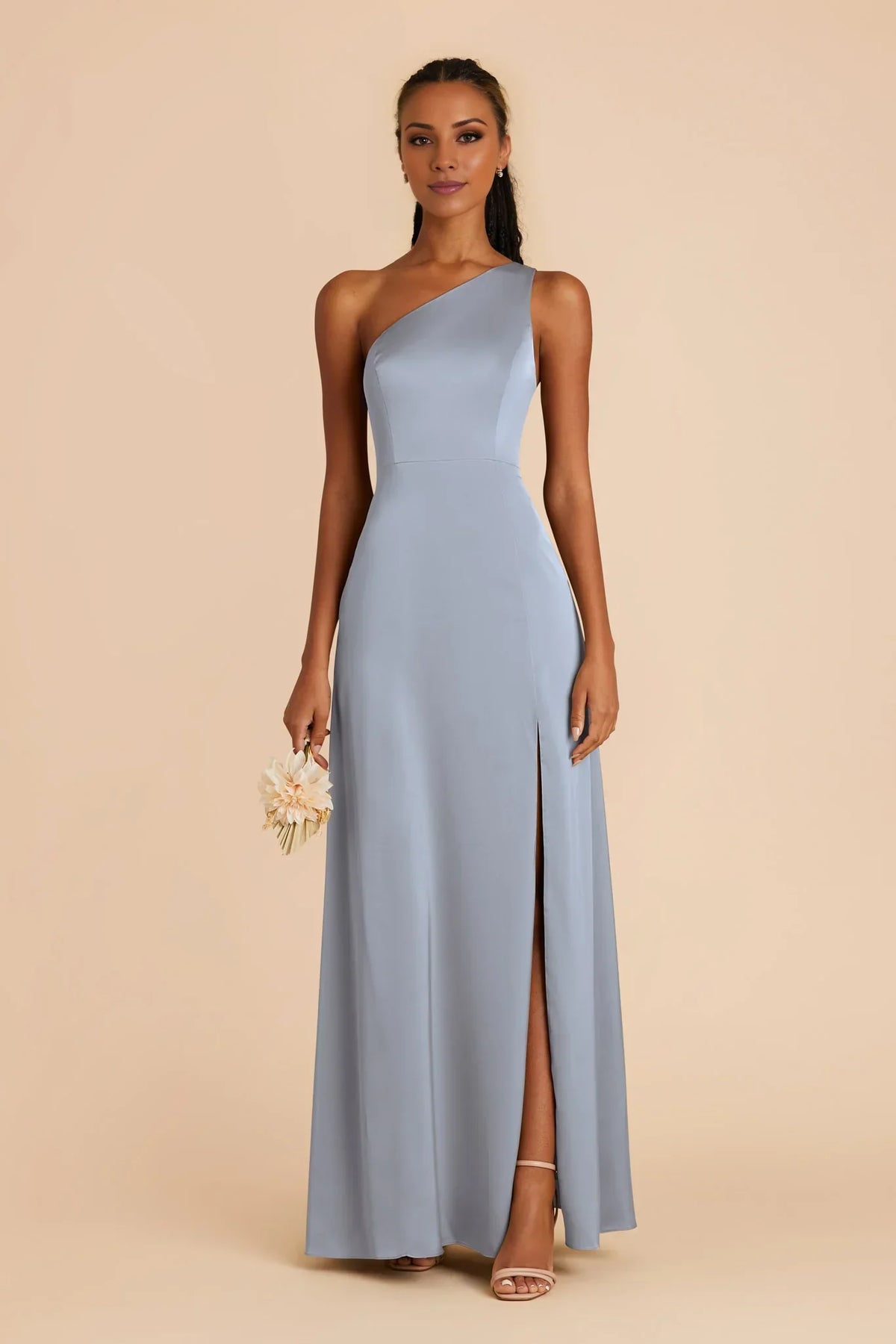 Blue One-Shoulder Satin High Slit Floor-Length Wedding Dress - Chloe Dress