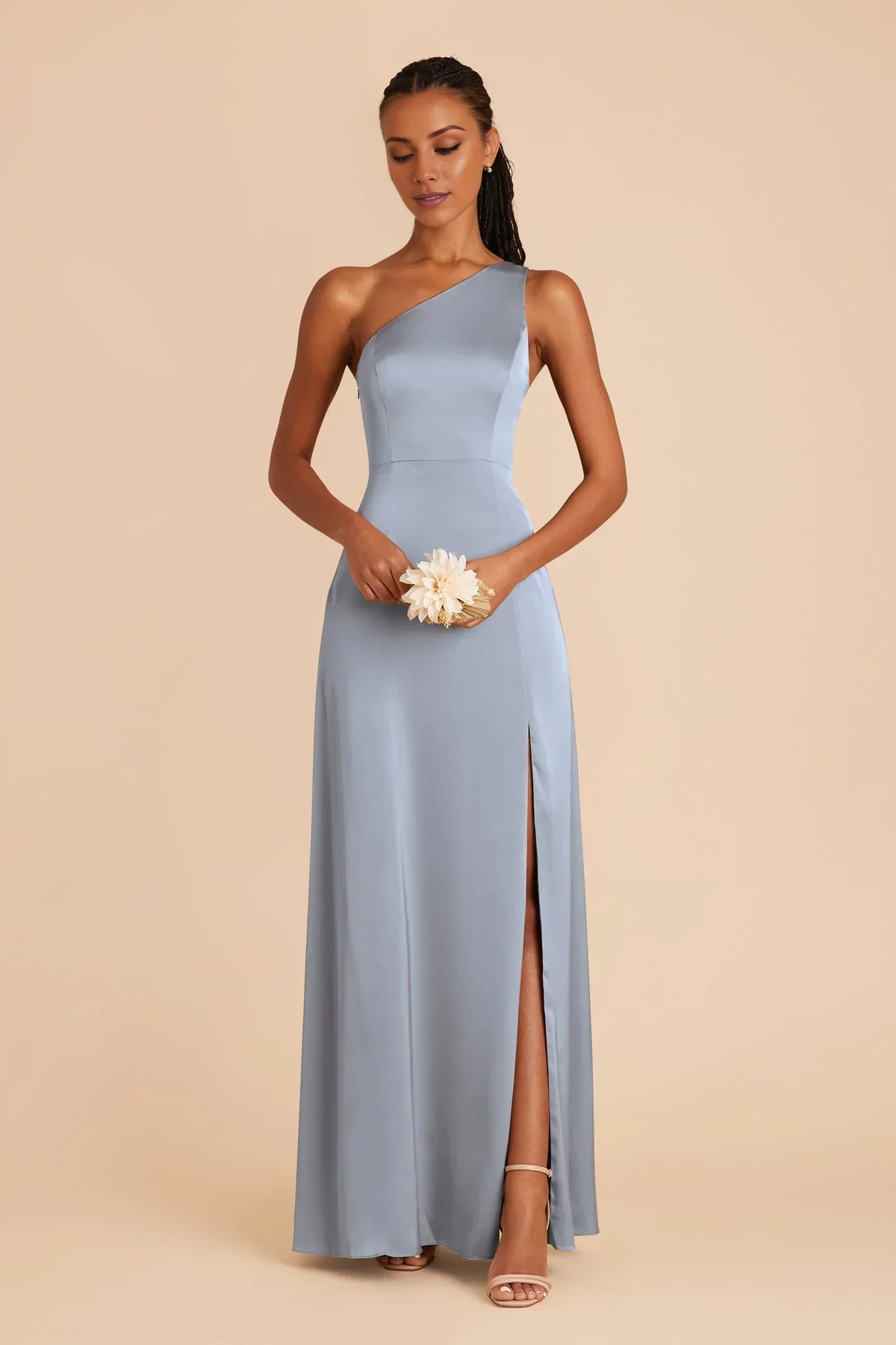 Blue One-Shoulder Satin High Slit Floor-Length Wedding Dress - Chloe Dress