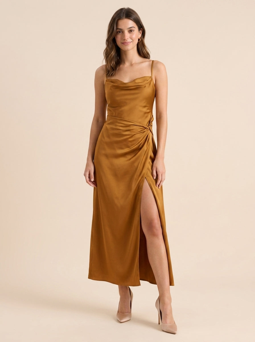 Sheath Spaghetti Strap Satin Open Back Midi Evening Dress - Chloe Dress