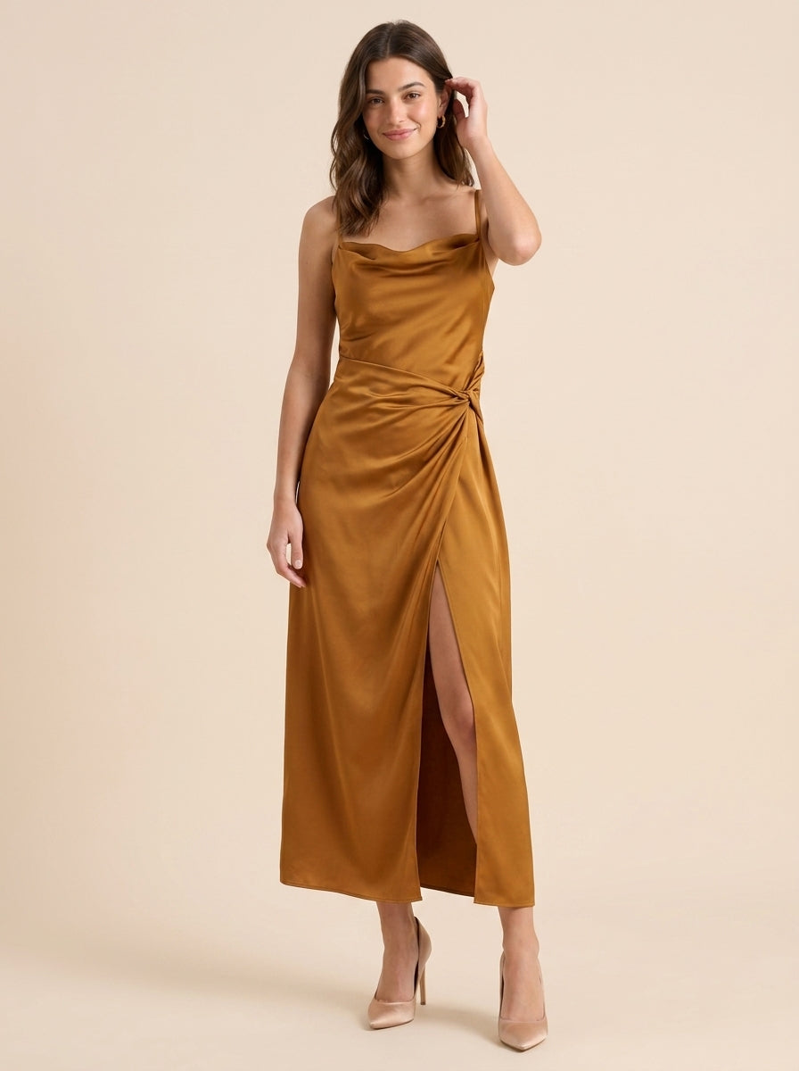 Sheath Spaghetti Strap Satin Open Back Midi Evening Dress - Chloe Dress