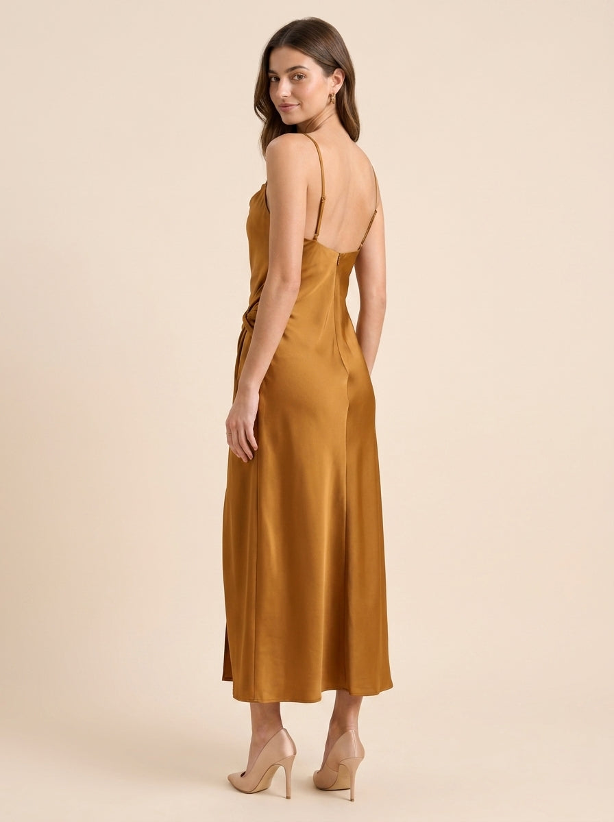 Sheath Spaghetti Strap Satin Open Back Midi Evening Dress - Chloe Dress