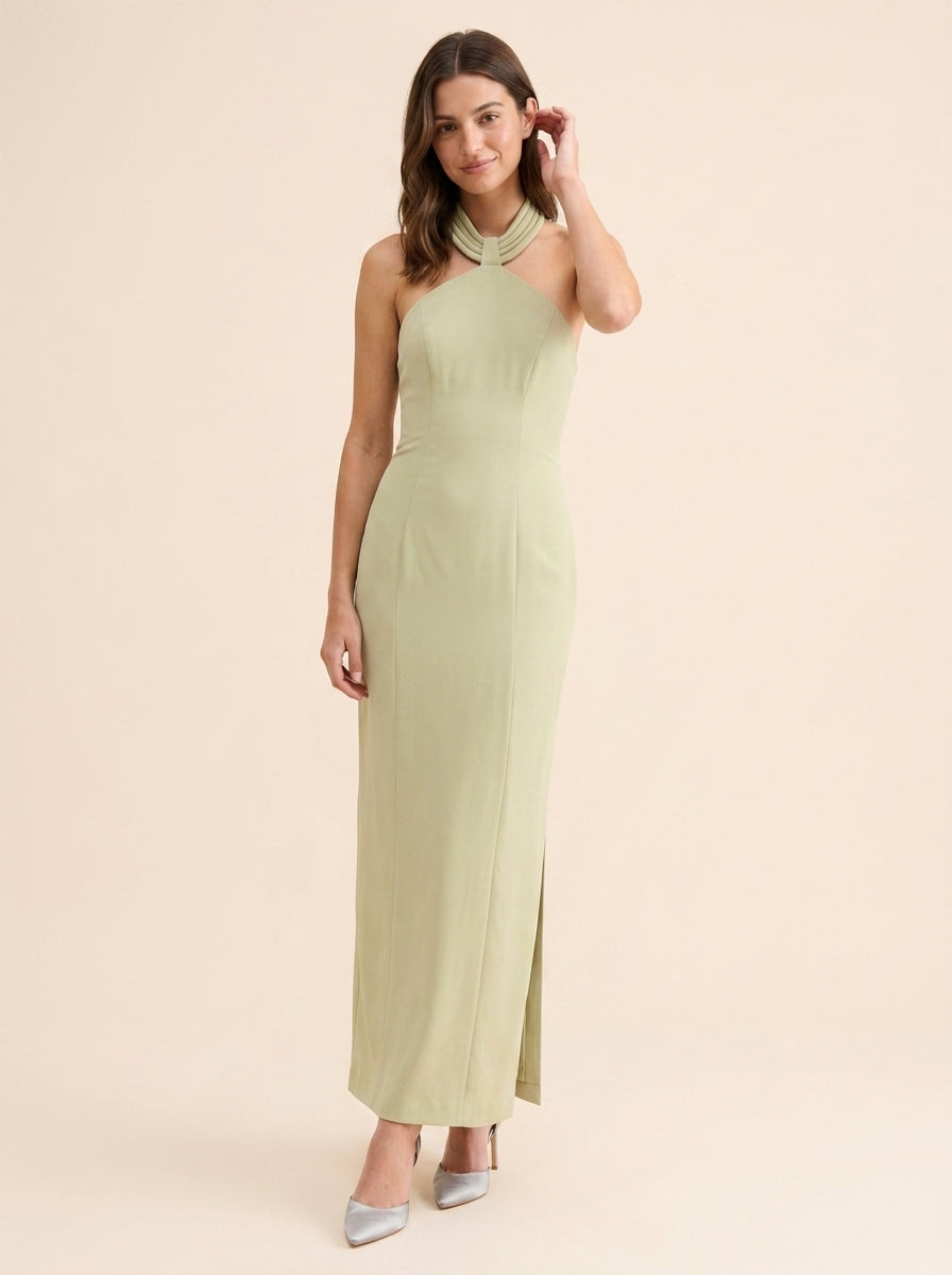 Sheath Halter Satin Sleeveless Open Back Draped Floor-Length Evening Dress - Chloe Dress