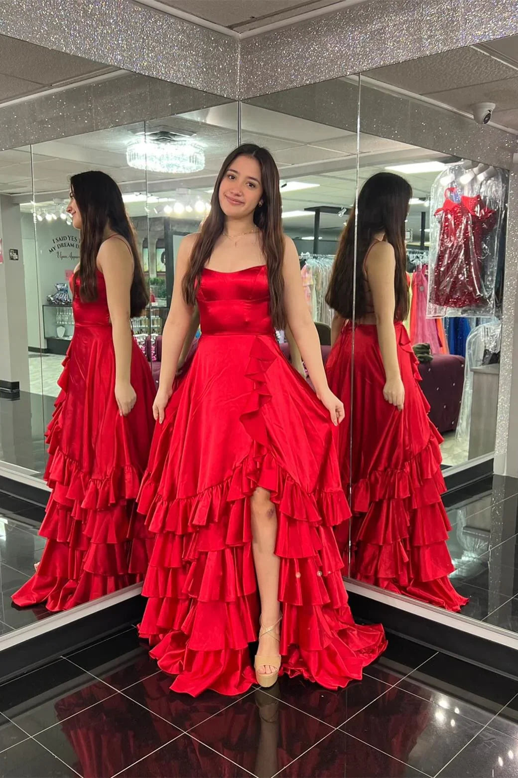 Spaghetti Strap Lace Lace-Up Back High Slit Prom Gown - Chloe Dress