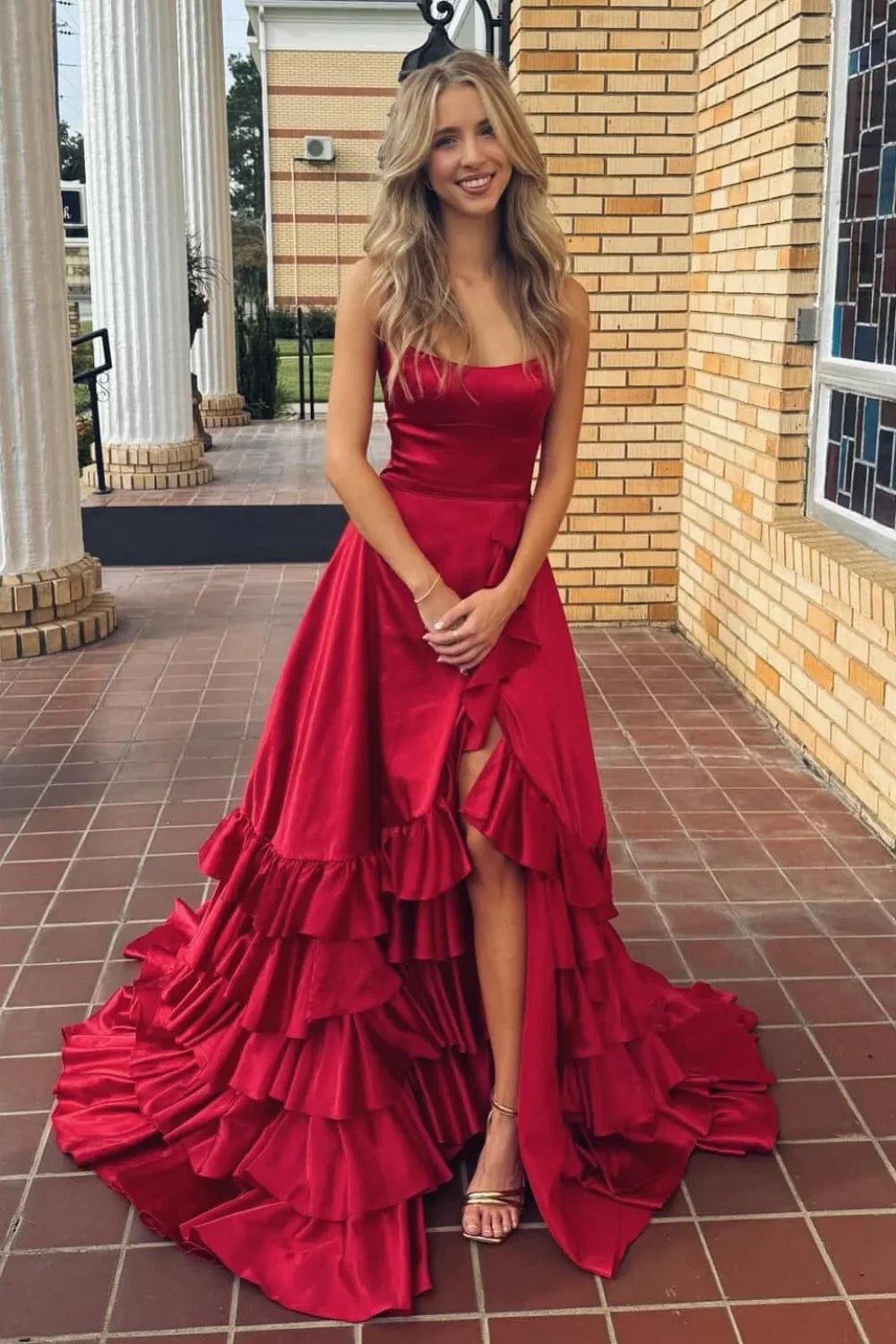 Spaghetti Strap Lace Lace-Up Back High Slit Prom Gown - Chloe Dress