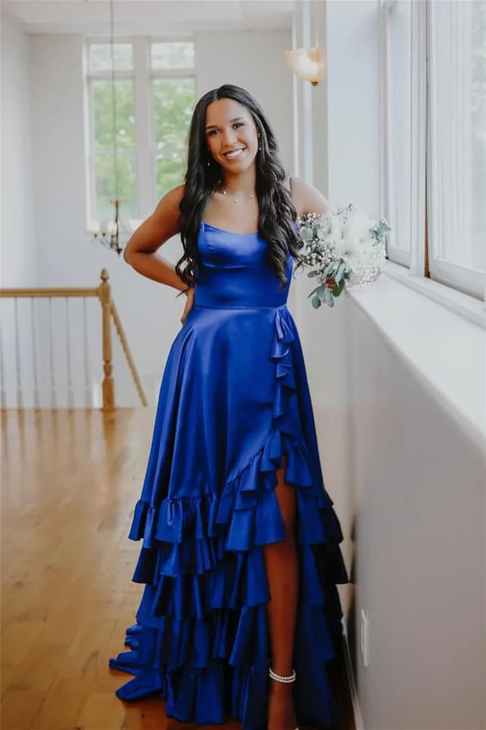 Spaghetti Strap Lace Lace-Up Back High Slit Prom Gown - Chloe Dress