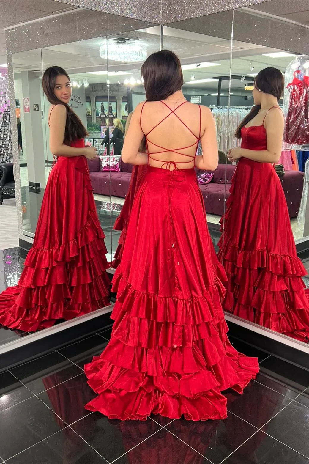 Spaghetti Strap Lace Lace-Up Back High Slit Prom Gown - Chloe Dress