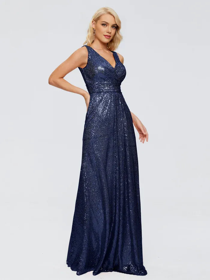 Sheath V-Neck Sequin Sleeveless Pleated Floor-Length Wedding Dress - Chloe Dress