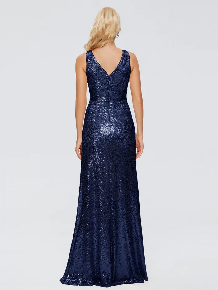 Sheath V-Neck Sequin Sleeveless Pleated Floor-Length Wedding Dress - Chloe Dress