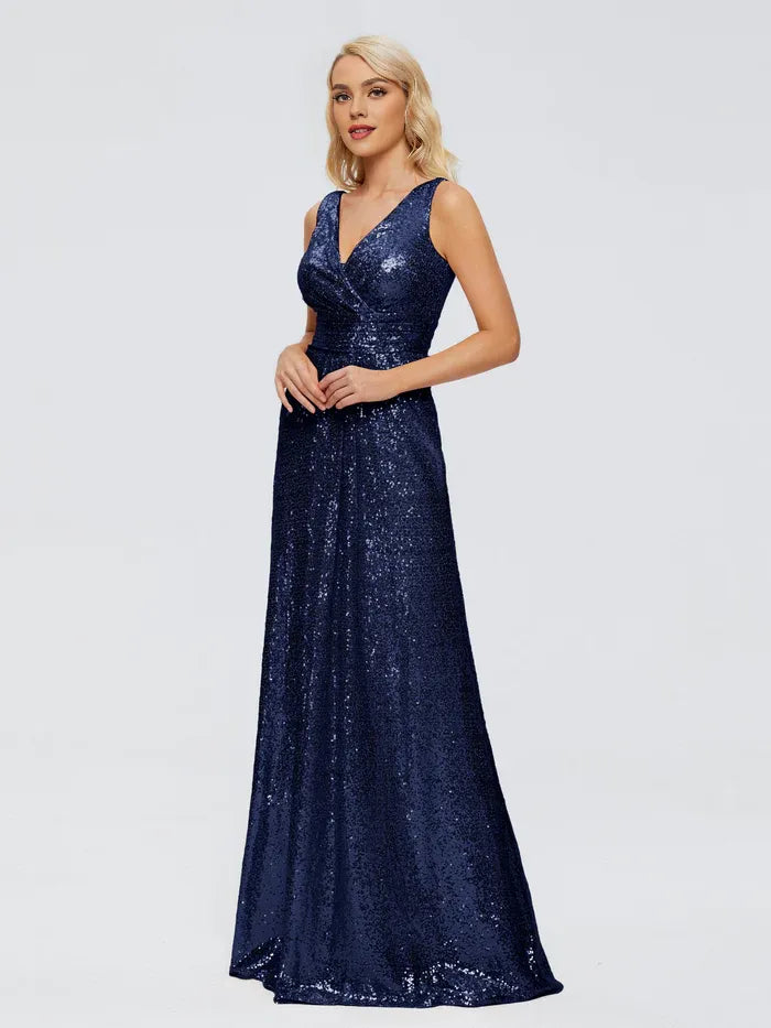 Sheath V-Neck Sequin Sleeveless Pleated Floor-Length Wedding Dress - Chloe Dress