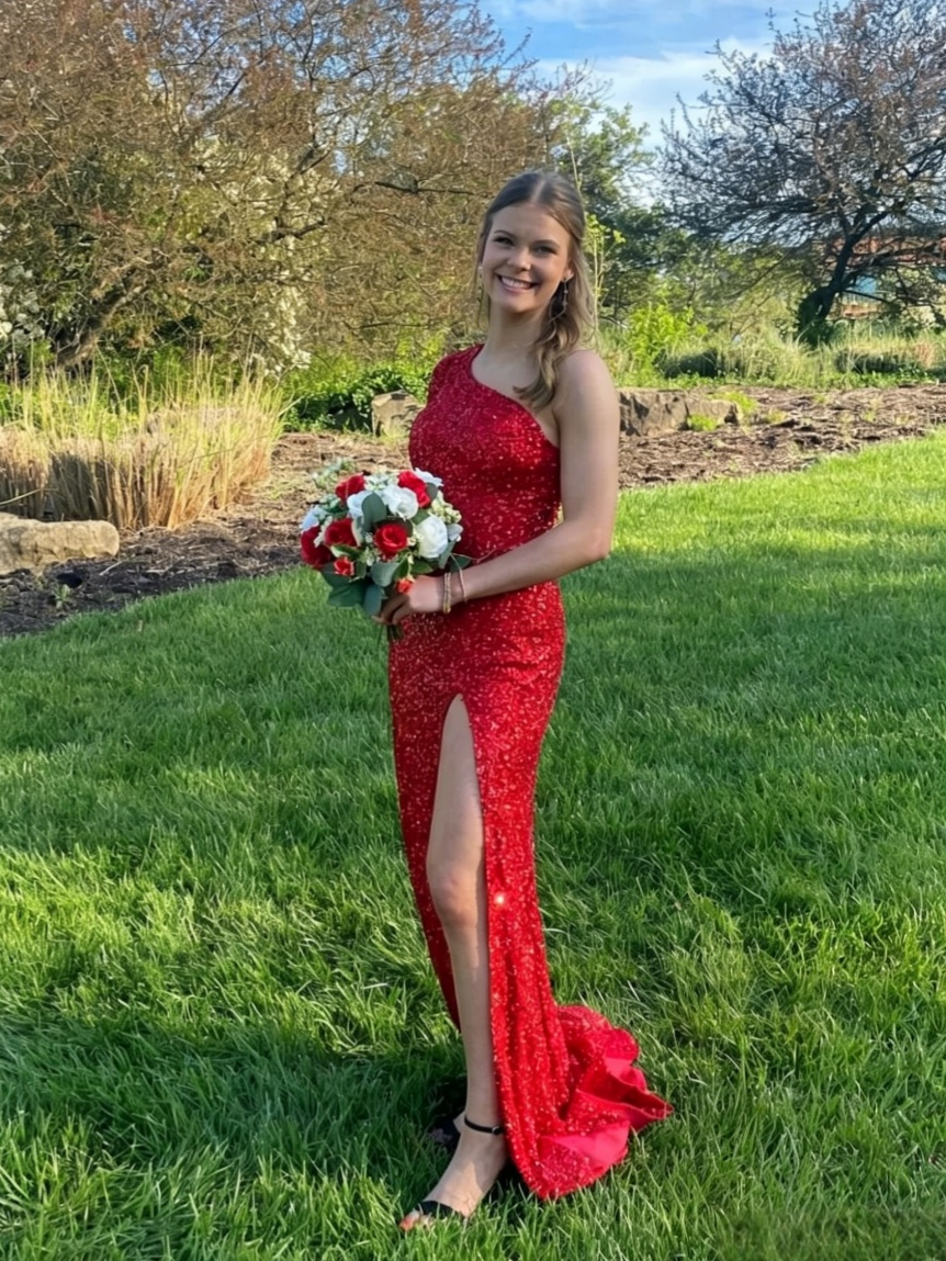 Red Mermaid One-Shoulder Sequin Sleeveless High Slit Evening Dress - Chloe Dress