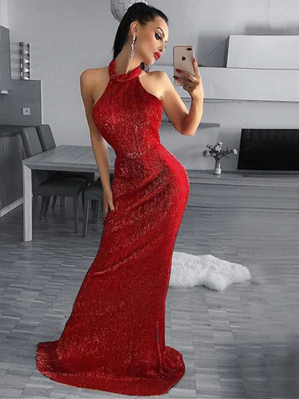 Mermaid Halter Sequin Sleeveless Open Back Floor-Length Evening Dress - Chloe Dress