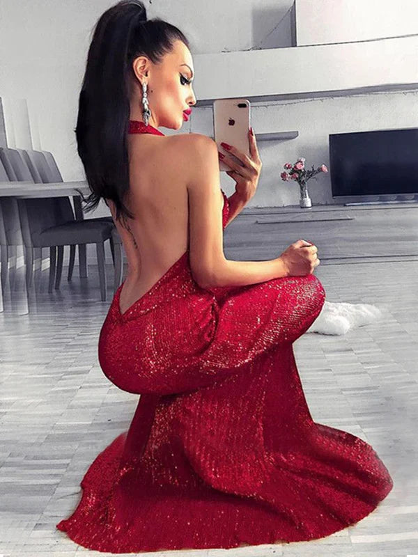 Mermaid Halter Sequin Sleeveless Open Back Floor-Length Evening Dress - Chloe Dress