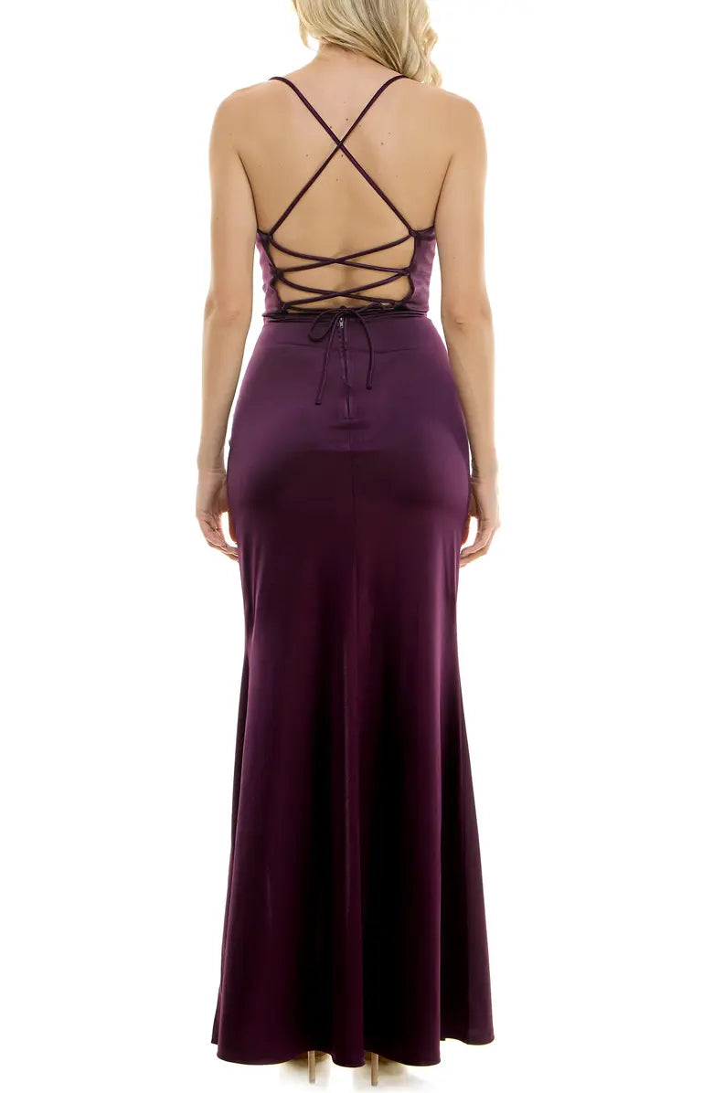 Satin Open Back High Slit Evening Dress - Chloe Dress