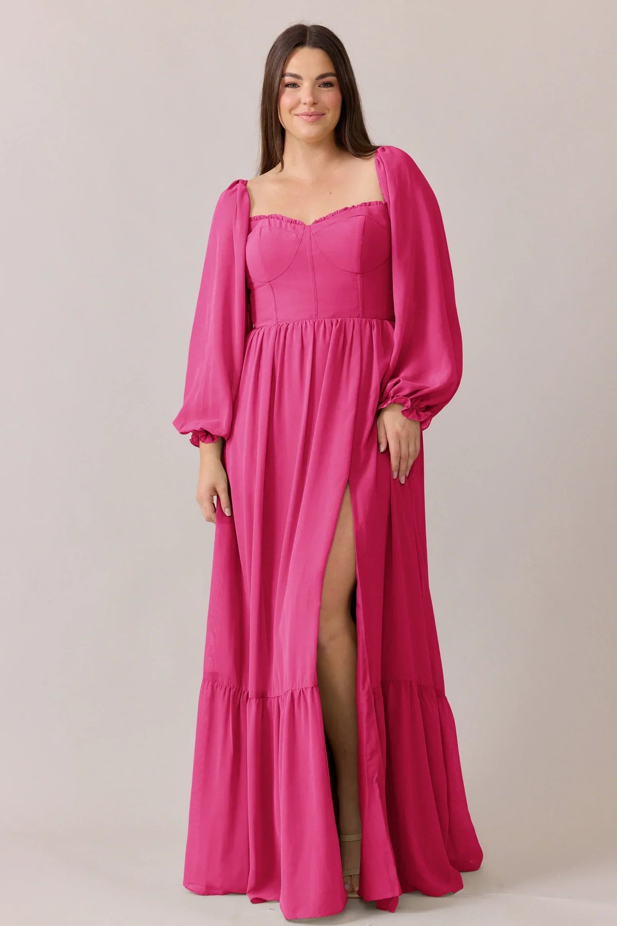 Square Neck Chiffon Long Sleeve High Slit Wedding Gown - Chloe Dress
