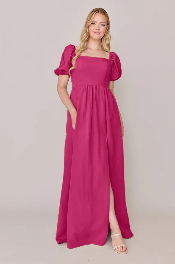 Square Neck Chiffon Short Sleeve High Slit Mini Wedding Gown - Chloe Dress