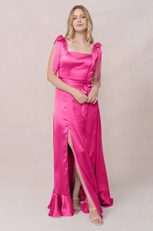 Square Neck Satin High Slit Wedding Gown - Chloe Dress