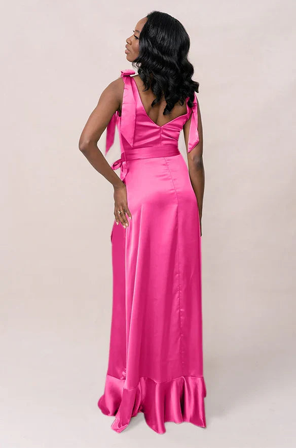 Square Neck Satin High Slit Wedding Gown - Chloe Dress
