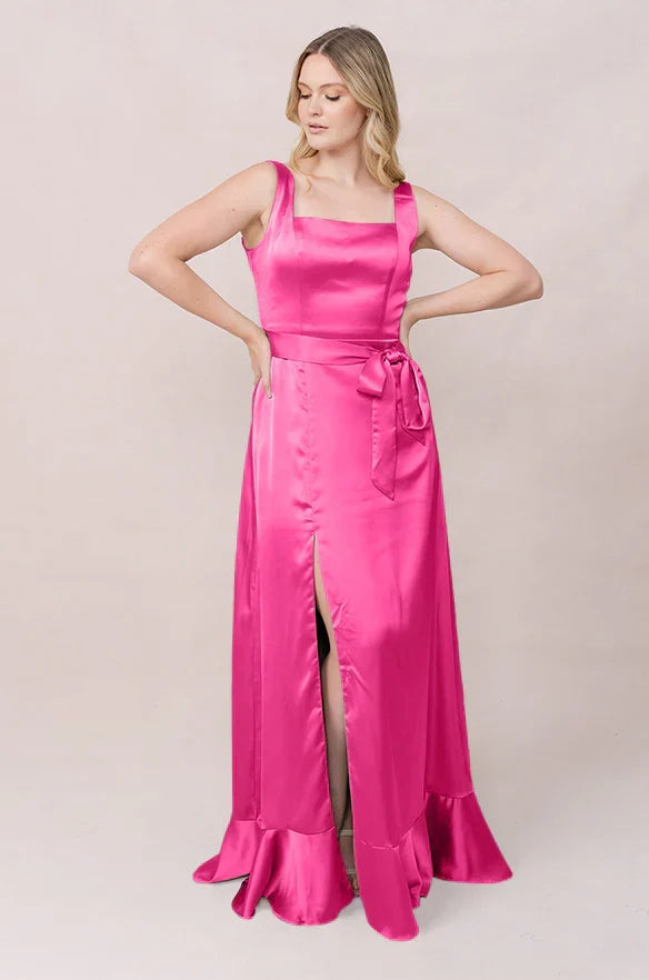 Square Neck Satin High Slit Wedding Gown - Chloe Dress