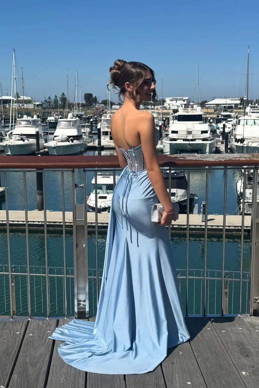 Strapless Satin Lace-Up Back High Slit Evening Gown - Chloe Dress