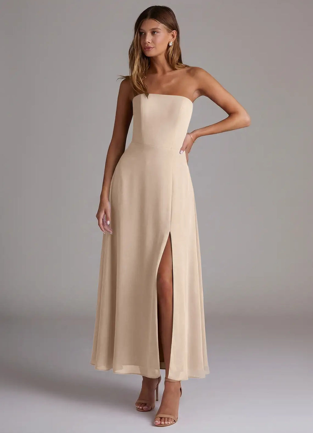 Strapless Chiffon High Slit Ankle-Length Wedding Dress - Chloe Dress