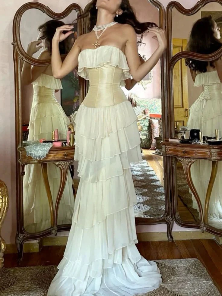 Strapless Chiffon Lace-Up Back Ruffled Floor-Length Evening Dress - Chloe Dress