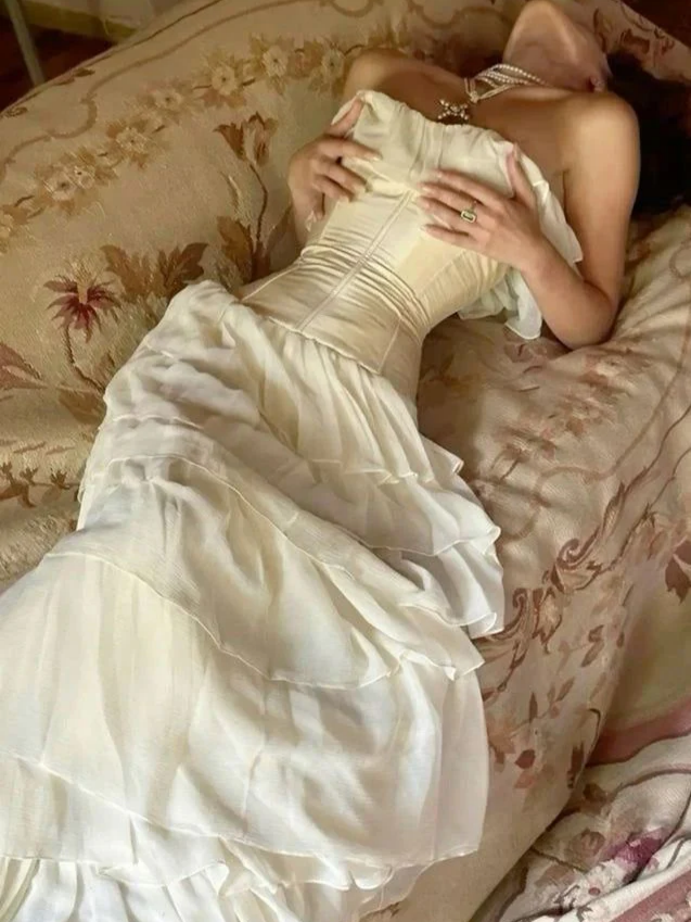 Strapless Chiffon Lace-Up Back Ruffled Floor-Length Evening Dress - Chloe Dress