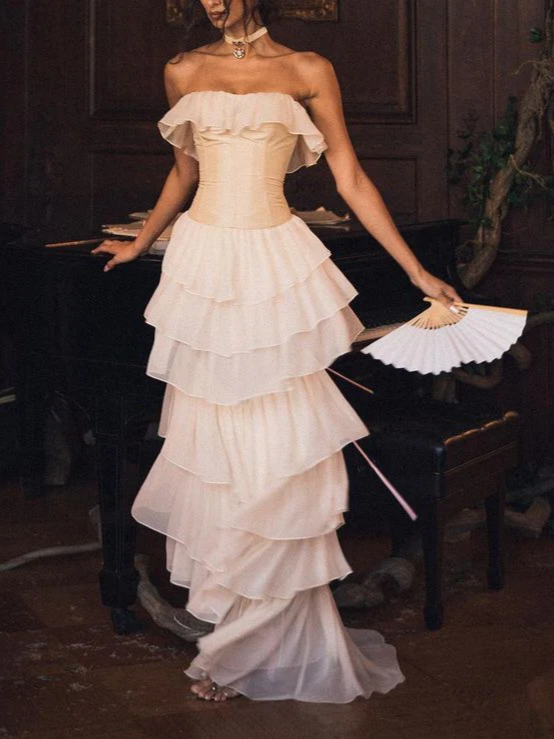 Strapless Chiffon Lace-Up Back Ruffled Floor-Length Evening Dress - Chloe Dress