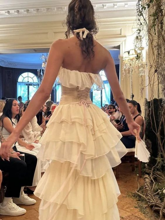 Strapless Chiffon Lace-Up Back Ruffled Floor-Length Evening Dress - Chloe Dress