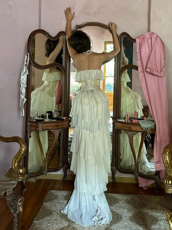 Strapless Chiffon Lace-Up Back Ruffled Floor-Length Evening Dress - Chloe Dress
