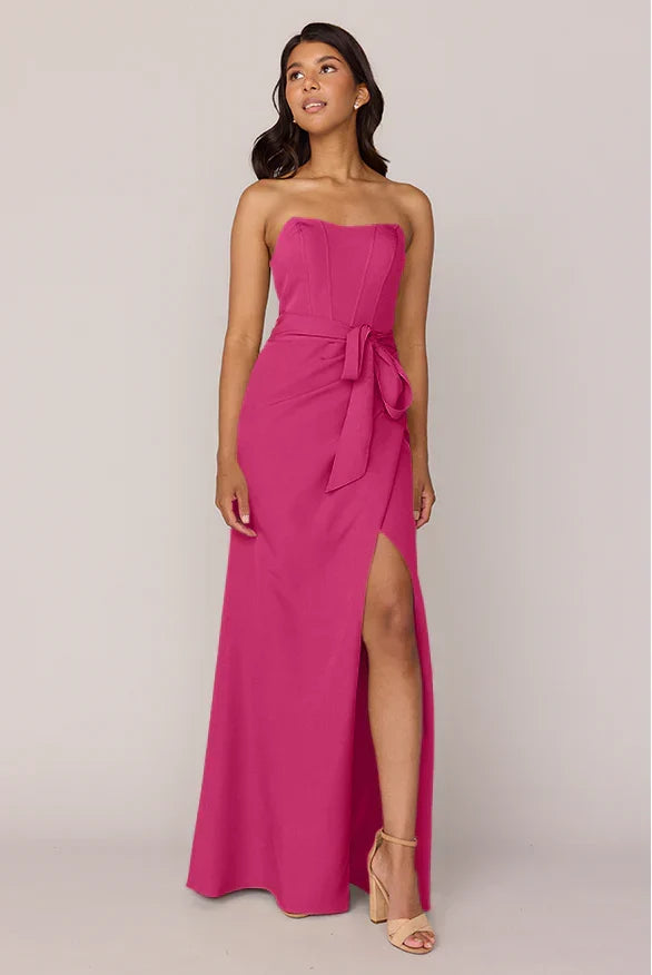 Strapless Satin Lace-Up Back High Slit Wedding Gown - Chloe Dress