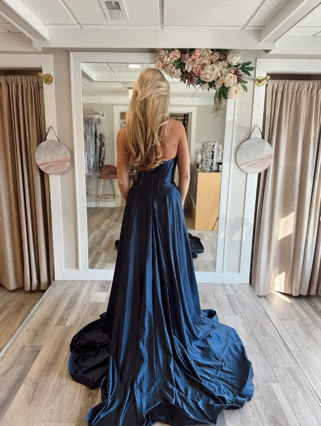 A-Line Sweetheart Satin Lace-Up Back High Slit Evening Dress - Chloe Dress