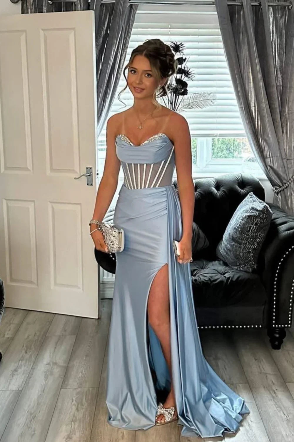 Strapless Satin Lace-Up Back High Slit Evening Gown - Chloe Dress