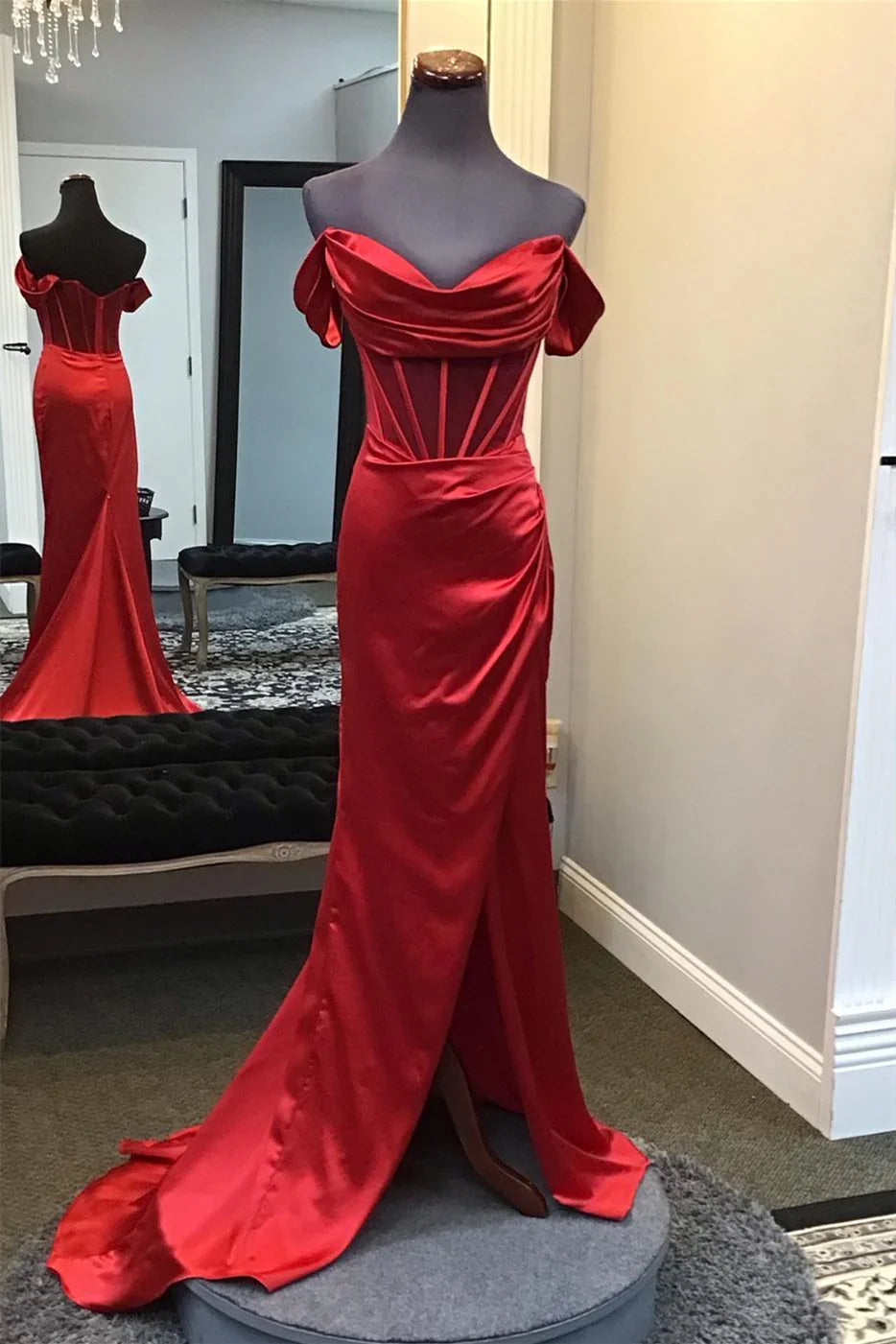 Red Mermaid Off-Shoulder Satin Zipper Back Floor-Length Evening Dress - Chloe Dress