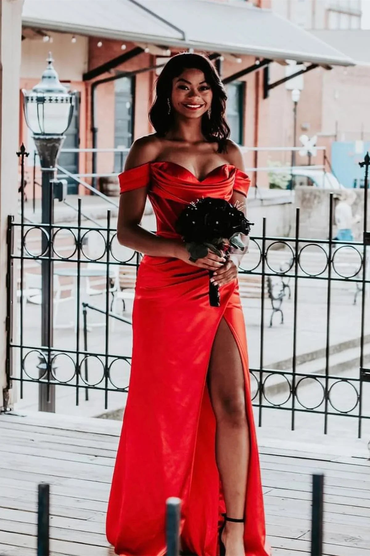 Red Mermaid Off-Shoulder Satin Zipper Back Floor-Length Evening Dress - Chloe Dress