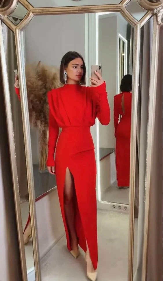 Sheath High Neck Long Sleeve High Slit Floor-Length Evening Dress - Chloe Dress