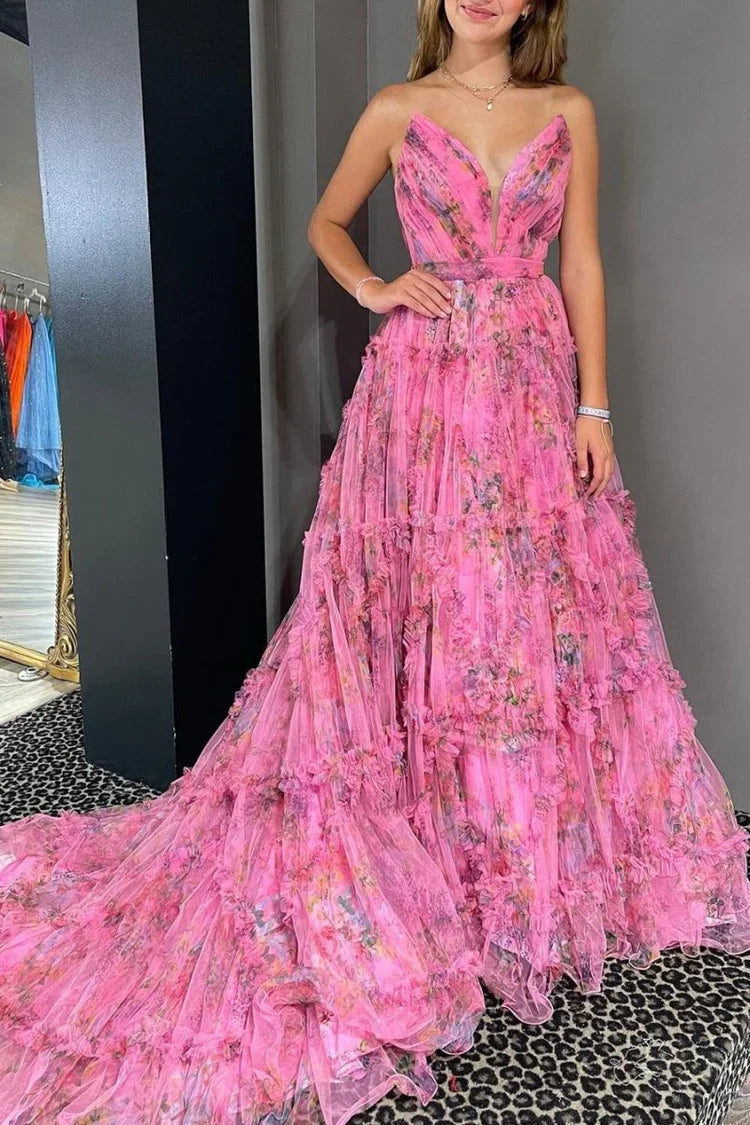 Ball Gown V-Neck Sleeveless Backless Ruffled Floor-Length Prom Gown - Chloe Dress
