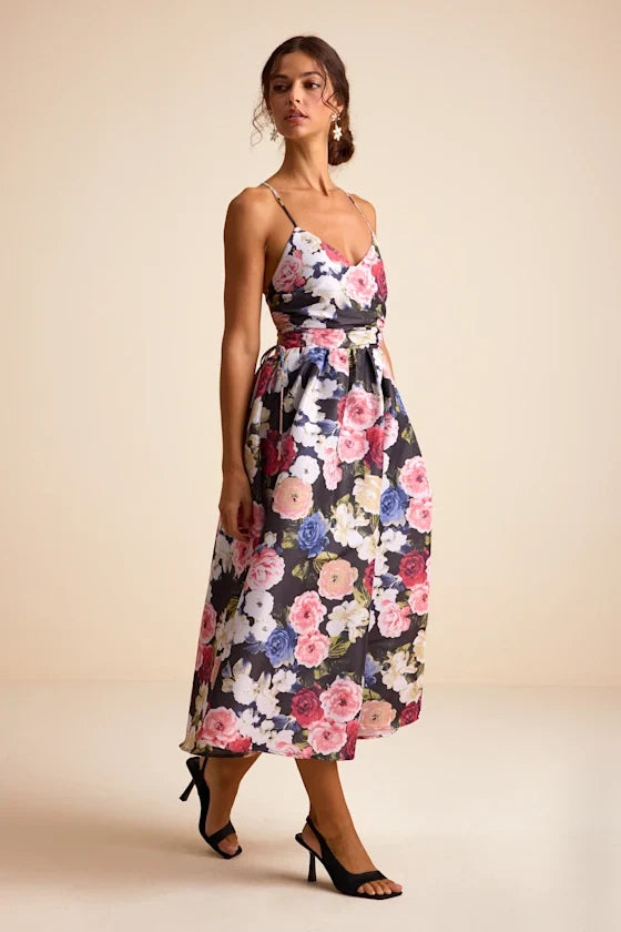 V-Neck Satin Open Back Midi Evening Dress - Chloe Dress
