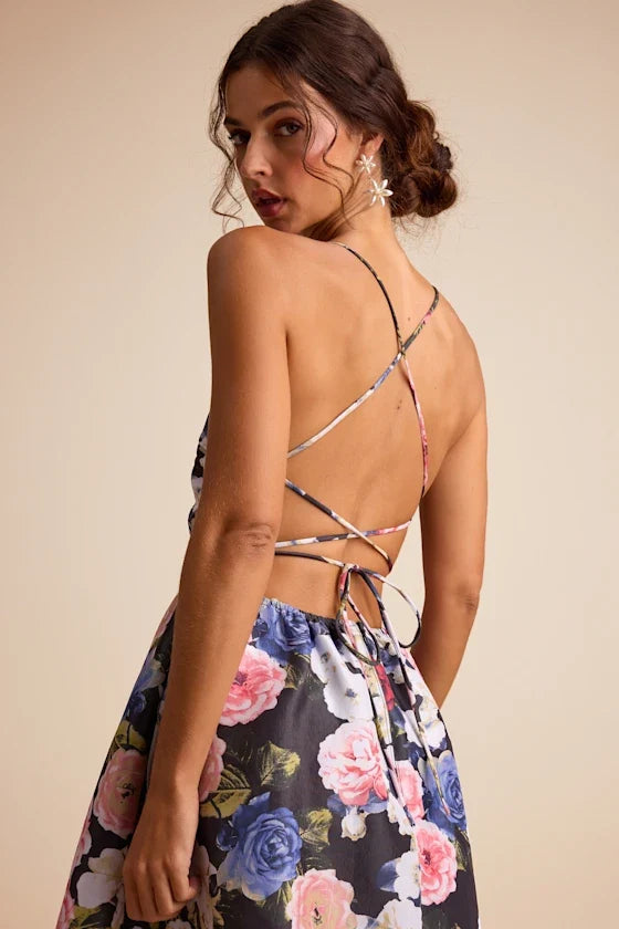 V-Neck Satin Open Back Midi Evening Dress - Chloe Dress