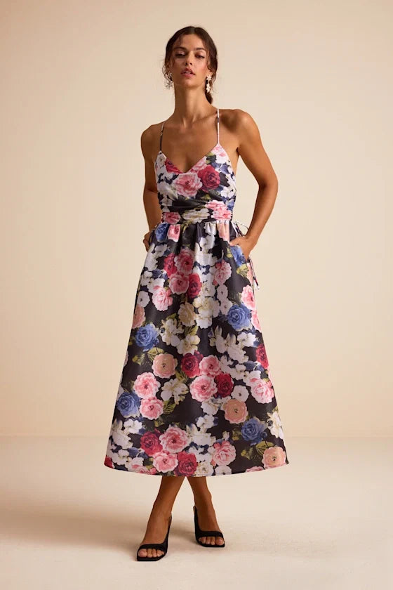 V-Neck Satin Open Back Midi Evening Dress - Chloe Dress