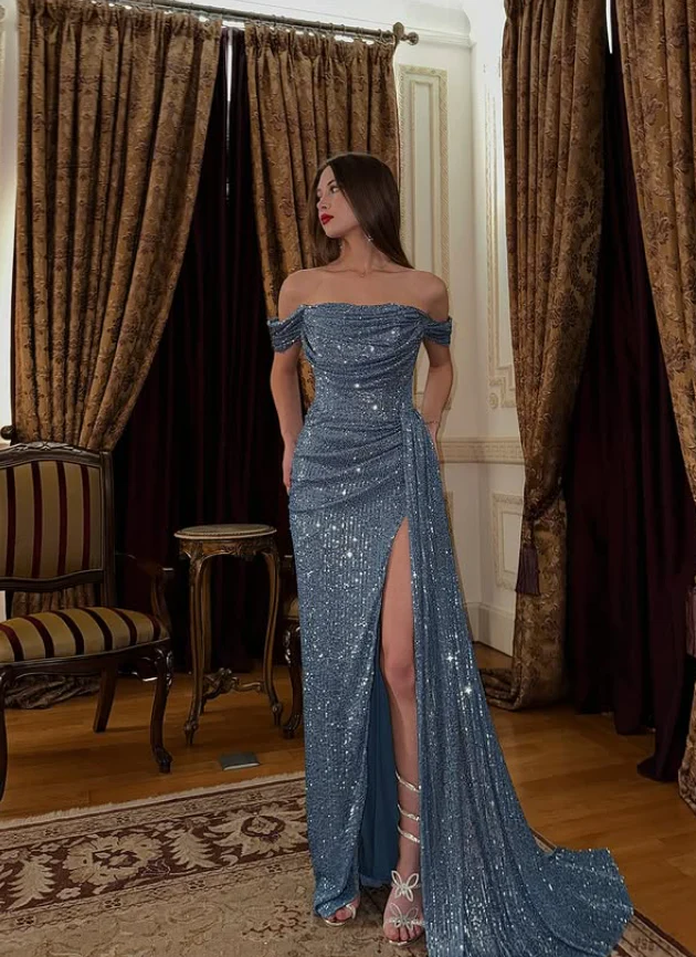 Mermaid Sequin Short Sleeve High Slit Floor-Length Evening Dress - Chloe Dress