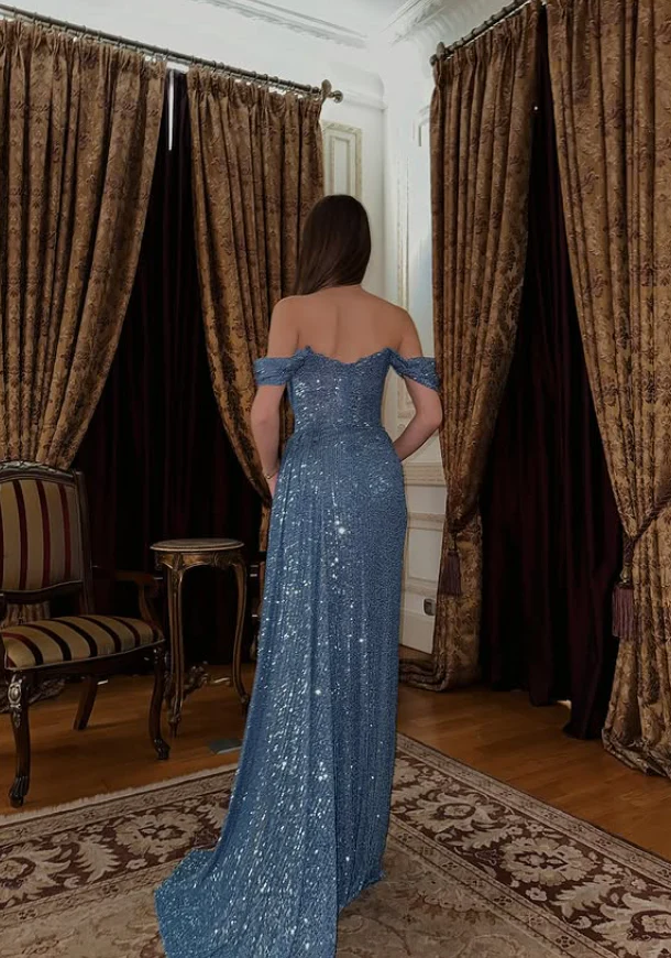 Mermaid Sequin Short Sleeve High Slit Floor-Length Evening Dress - Chloe Dress