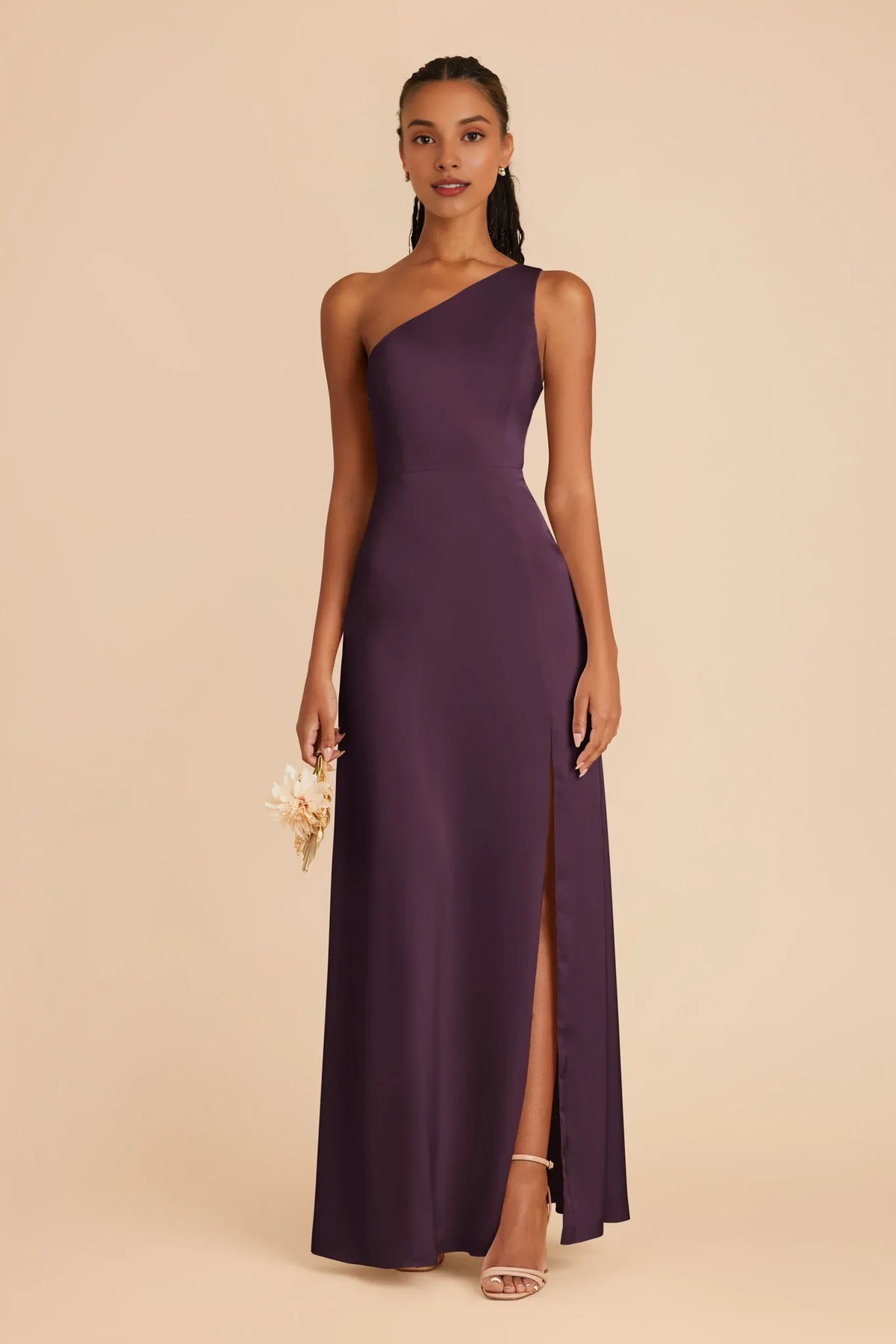 Plum One-Shoulder Satin Sleeveless Floor-Length Wedding Dress - Chloe Dress