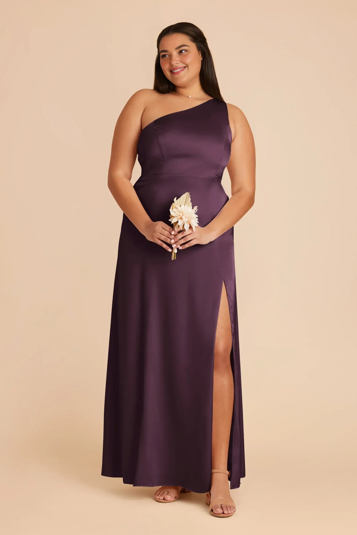 Plum One-Shoulder Satin Sleeveless Floor-Length Wedding Dress - Chloe Dress