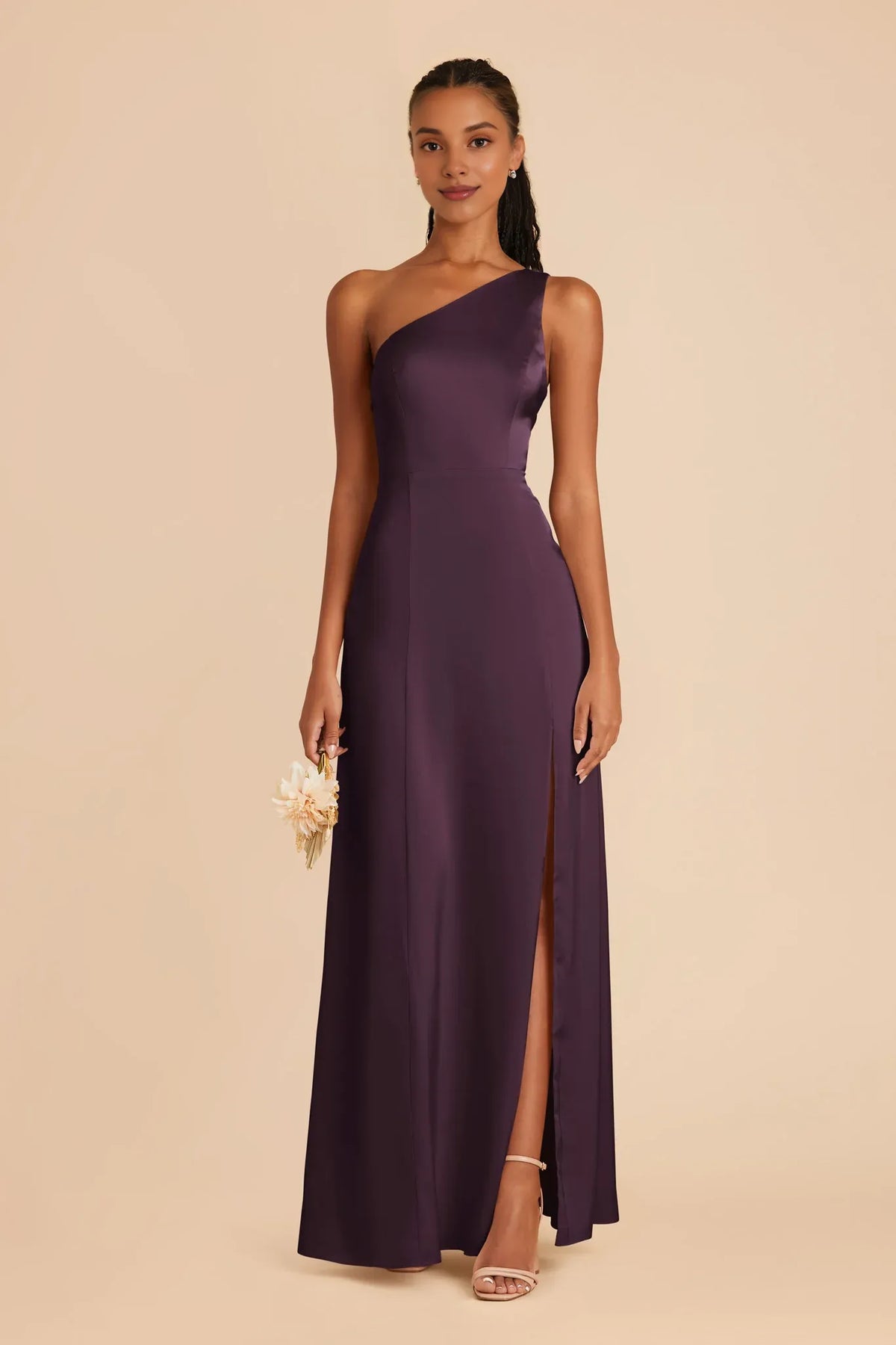 Plum One-Shoulder Satin Sleeveless Floor-Length Wedding Dress - Chloe Dress