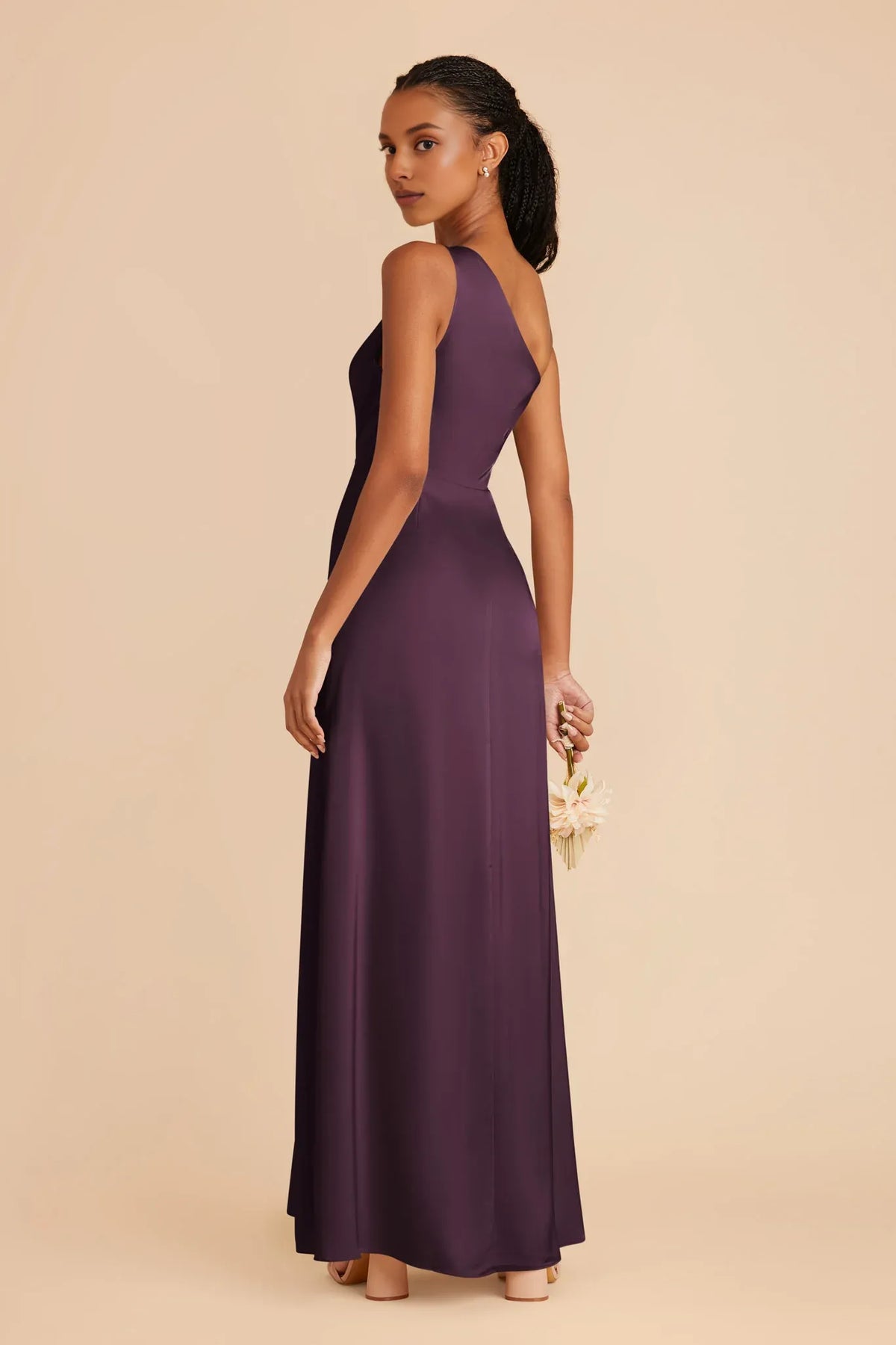 Plum One-Shoulder Satin Sleeveless Floor-Length Wedding Dress - Chloe Dress