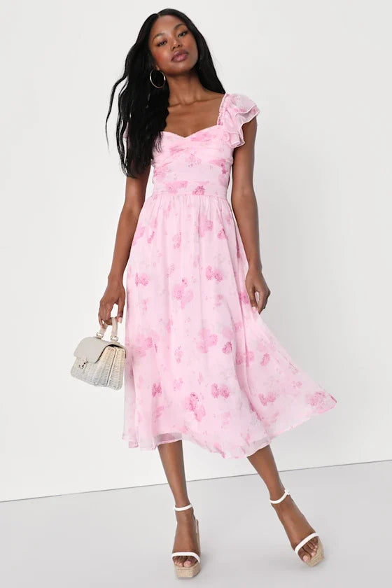 Pink A-Line Sweetheart Chiffon Cap Sleeve Ruffled Midi Prom Dress - Chloe Dress