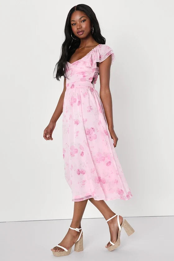 Pink A-Line Sweetheart Chiffon Cap Sleeve Ruffled Midi Prom Dress - Chloe Dress