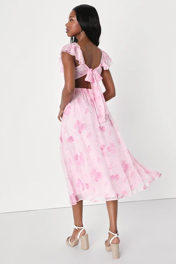 Pink A-Line Sweetheart Chiffon Cap Sleeve Ruffled Midi Prom Dress - Chloe Dress